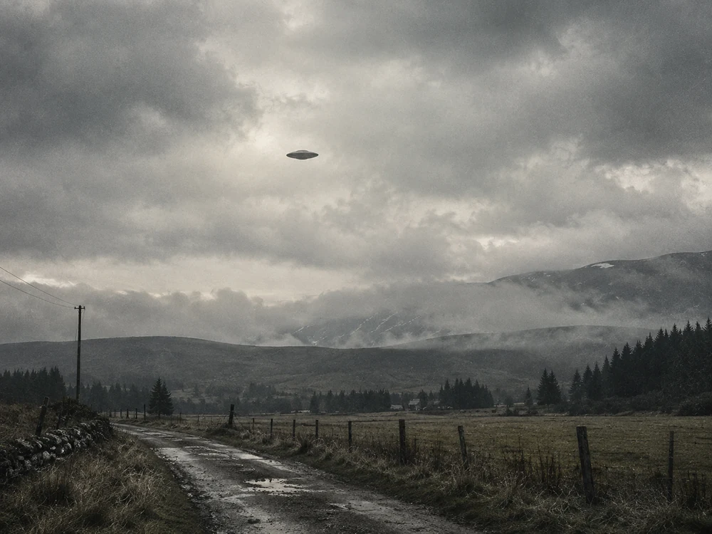 ALIENZ artwork of a distant aerial object over a rural landscape.