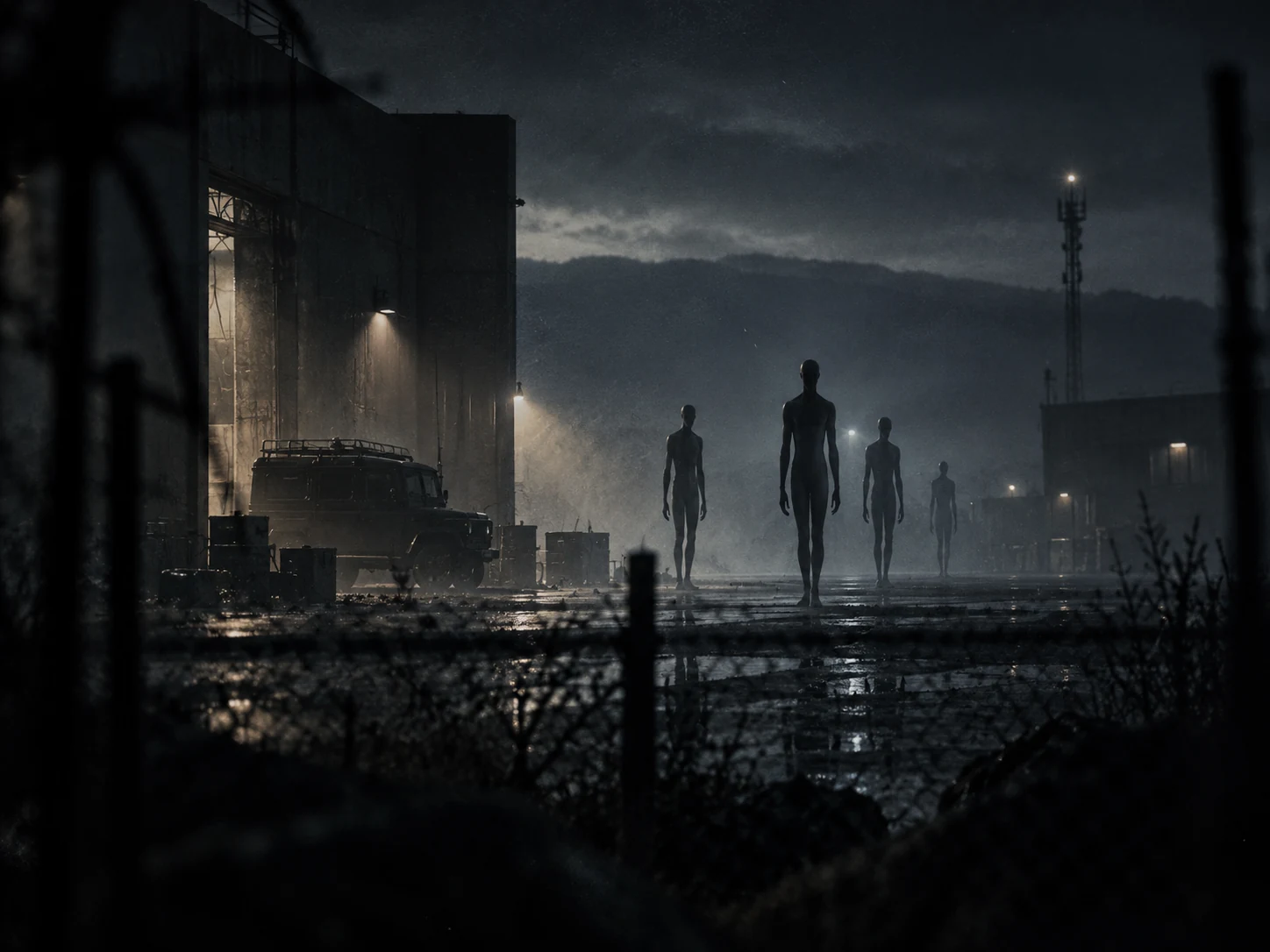 ALIENZ atmospheric artwork of distant figures near a facility, not an incident photograph.